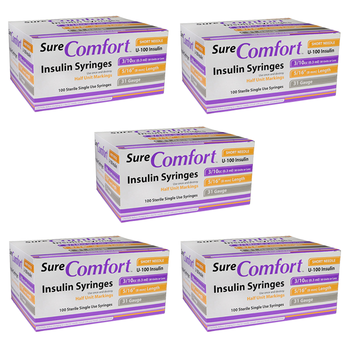 SureComfort U-100 Insulin Syringes 1/2 UNIT 31g 3/10cc 5/16in 100/bx Case of 5