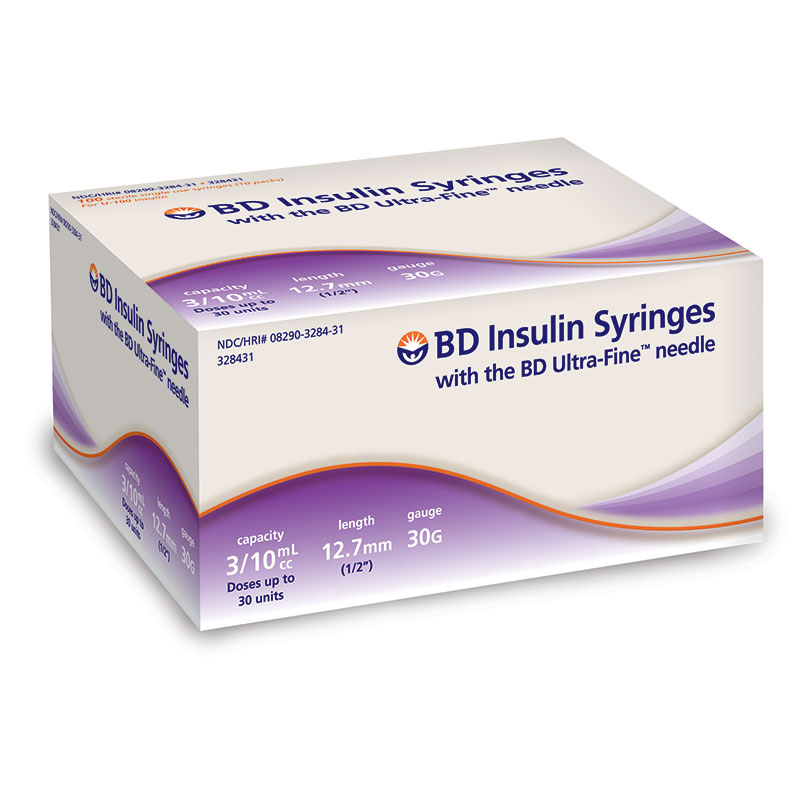 BD Insulin Syringes Ultra Fine Needle - 30G 3/10cc 1/2" - BX 100
