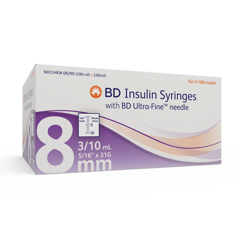 BD Ultra-Fine Short Needle Insulin Syringe, 3/10cc 31G x 8mm (5/16 ") - BX 100