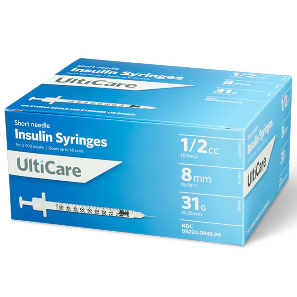 UltiCare Ulti-Fine II U-100 Insulin Syringes - Short Needle - 31G 1/2 cc 5/16" - Box of 100