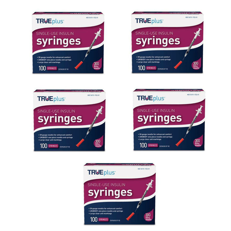 TRUEplus Insulin Syringes - 30G .5cc 5/16" - BX 100, Case of 5