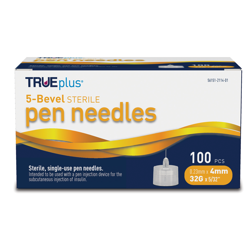 TRUEplus 5Bevel Pen Needles 32G x 4mm 5/32" 100 ct