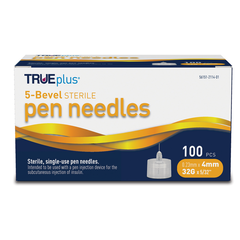 TRUEplus 5-Bevel Pen Needles 32G x 4mm (5/32") - 100/bx