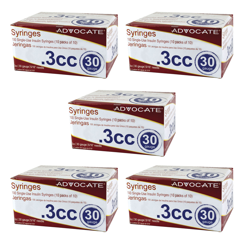 Case of 5 Advocate Insulin Syringes - 30G 3/10cc 5/16" - BX 100