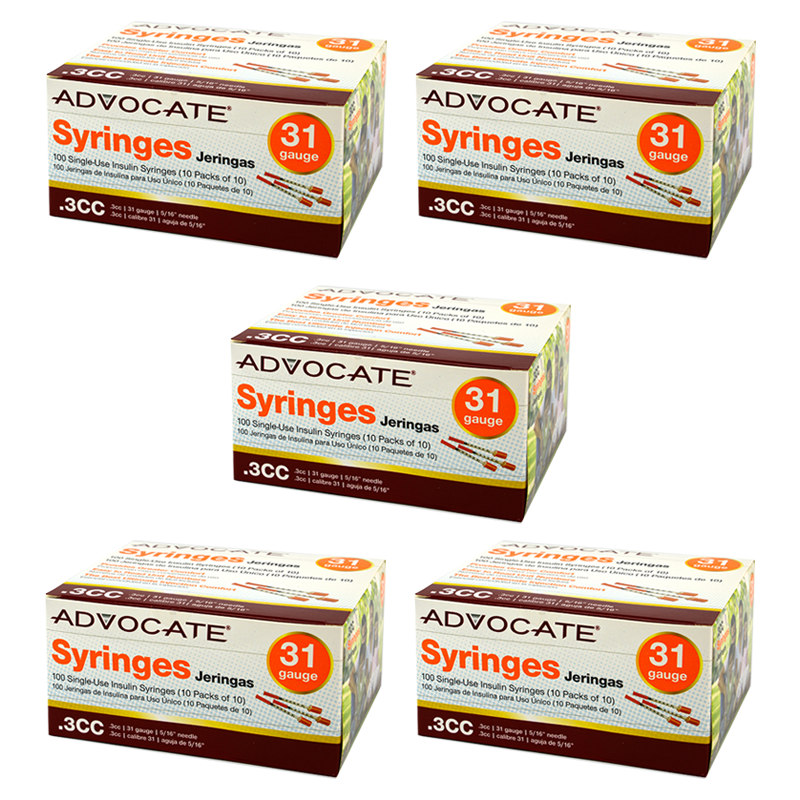 Case of 5 Advocate Insulin Syringes - 31G 3/10cc 5/16"- BX 100