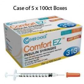 Case of 5 Clever Choice Comfort EZ Insulin Syringes - 31G U-100 1/2 cc 5/16" - BX 100 - Total Diabetes Supply
