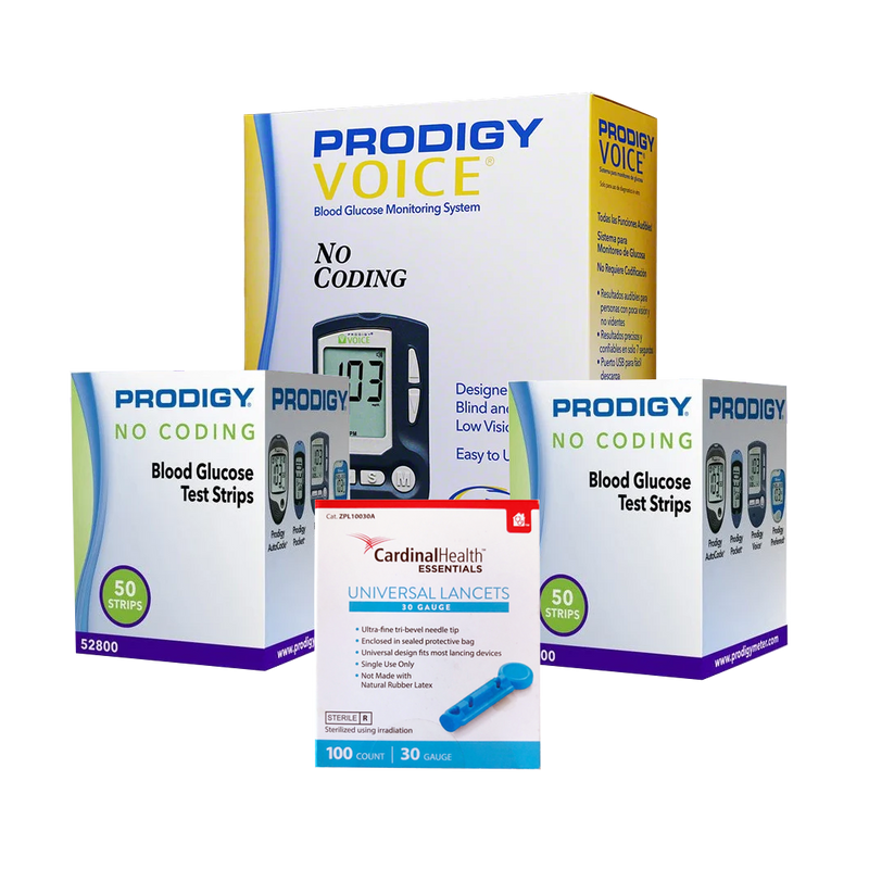 Prodigy Voice Glucose Meter Kit Combo (Meter Kit, Test Strips 100ct and Cardinal Health 30G Lancets 100ct)
