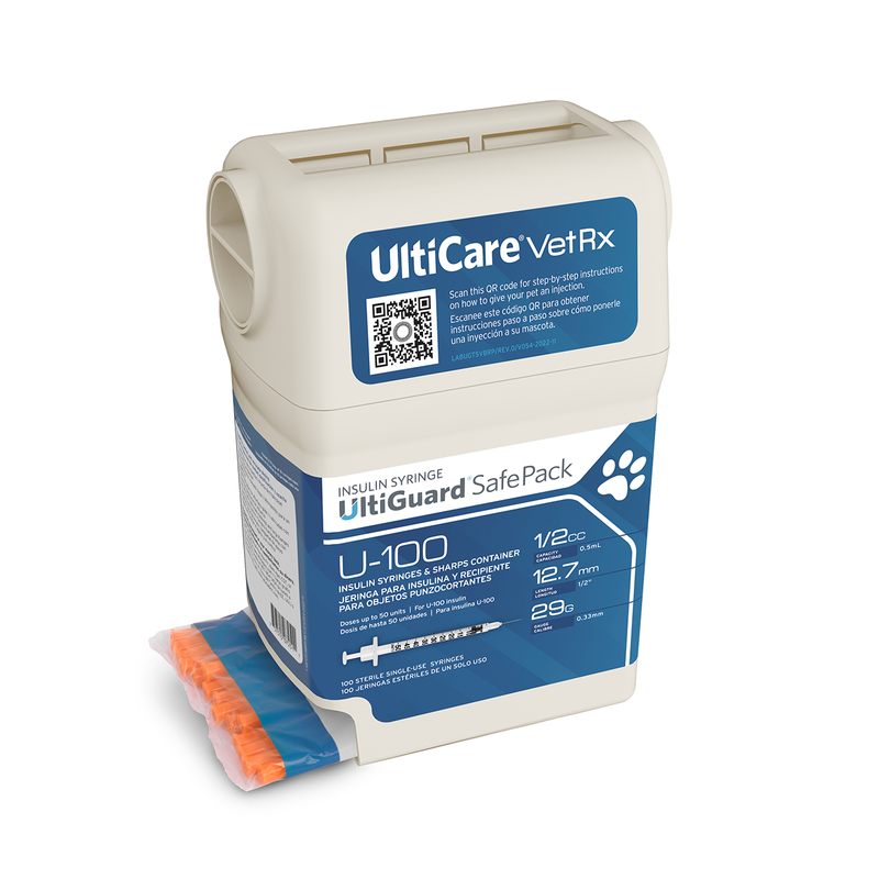 UltiGuard UltiCare U-100 VetRx Veterinary Insulin Syringes - 29g 1/2cc 1/2" - 100/bx