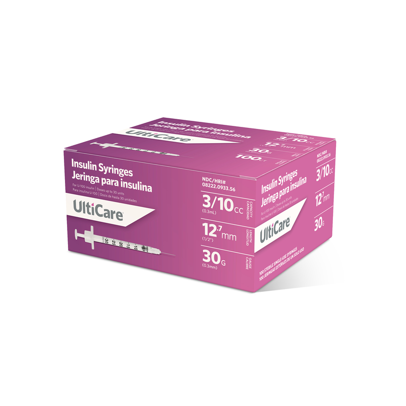 UltiCare U-100 Insulin Syringes, 3/10cc - 30G x 12.7mm (1/2"), 100ct Box