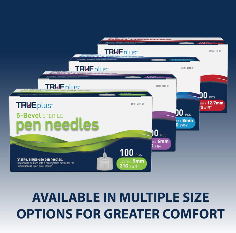 TRUEplus 5-Bevel Pen Needles 31G x 6mm (1/4") - 100/bx