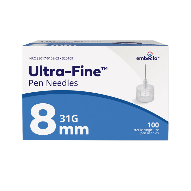 Embecta Ultra-fine Short Pen Needles - 31G X 8mm (5/16") - Box of 100 (formerly BD)