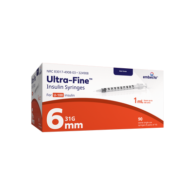BD Embecta Ultra-Fine Insulin Syringes 31G 1cc 6mm - 90ct (formerly BD)
