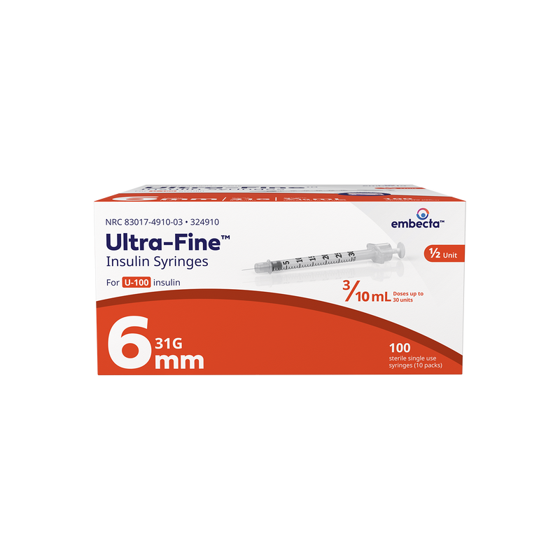 BD Embecta Veo Insulin Syringes Ultra-Fine 6mm Needle with Half-Unit Scale - 31G 3/10cc 15/64" - BX 100
