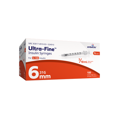 BD Embecta Veo Insulin Syringes Ultra-Fine 6mm Needle with Half-Unit Scale - 31G 3/10cc 15/64" - BX 100