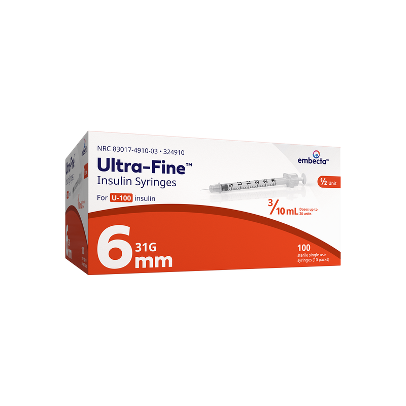 BD Embecta Veo Insulin Syringes Ultra-Fine 6mm Needle with Half-Unit Scale - 31G 3/10cc 15/64" - BX 100