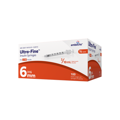 BD Embecta Veo Insulin Syringes Ultra-Fine 6mm Needle with Half-Unit Scale - 31G 3/10cc 15/64" - BX 100