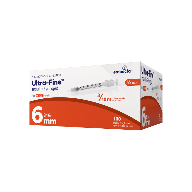 BD Embecta Veo Insulin Syringes Ultra-Fine 6mm Needle with Half-Unit Scale - 31G 3/10cc 15/64" - BX 100