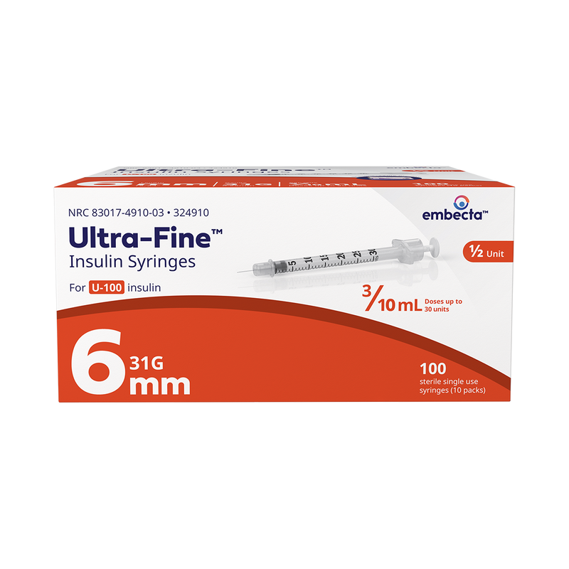 BD Embecta Veo Insulin Syringes Ultra-Fine 6mm Needle with Half-Unit Scale - 31G 3/10cc 15/64" - BX 100