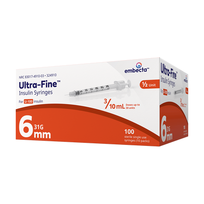 BD Embecta Veo Insulin Syringes Ultra-Fine 6mm Needle with Half-Unit Scale - 31G 3/10cc 15/64" - BX 100