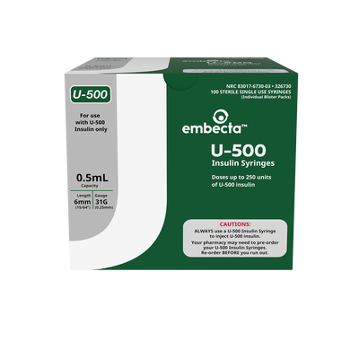BD Embecta U-500 Insulin Syringes 6mm x 31G 1/2cc - BX 100