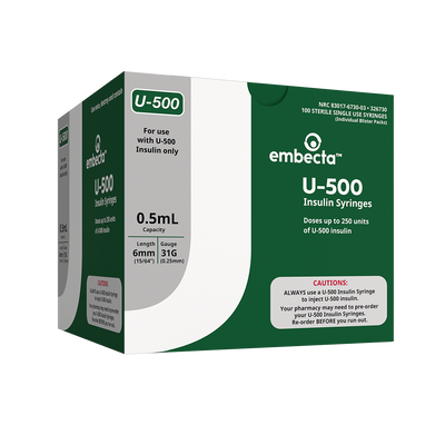 BD Embecta U-500 Insulin Syringes 6mm x 31G 1/2cc - BX 100