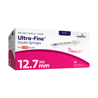 BD Embecta Insulin Syringes Ultra Fine Needle - 30G 3/10cc 1/2" - BX 90 (formerly BD)