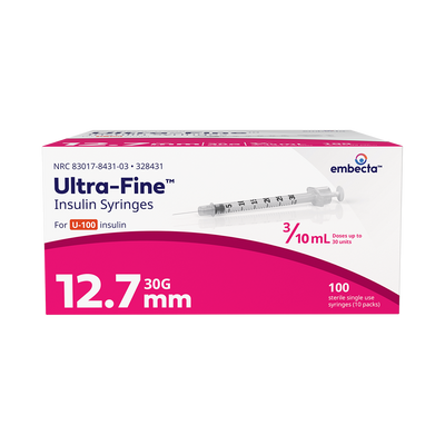 BD Embecta Insulin Syringes Ultra Fine Needle - 30G 3/10cc 1/2" - BX 100 (formerly BD)