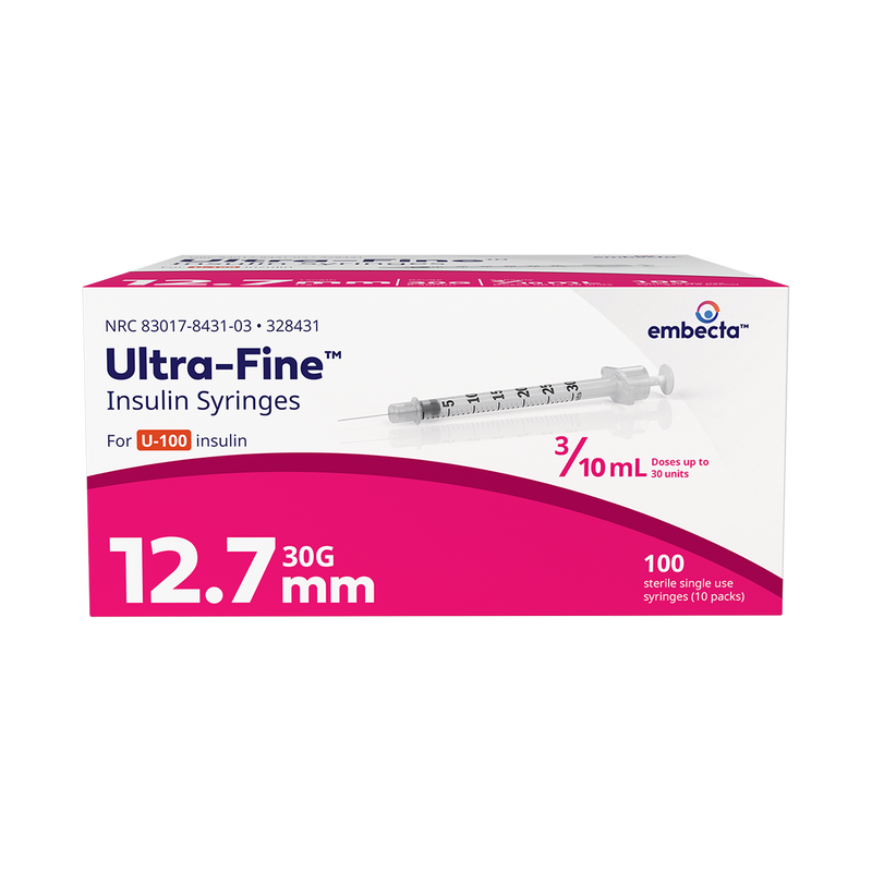 BD Embecta Insulin Syringes Ultra Fine Needle - 30G 3/10cc 1/2" - BX 100 (formerly BD)