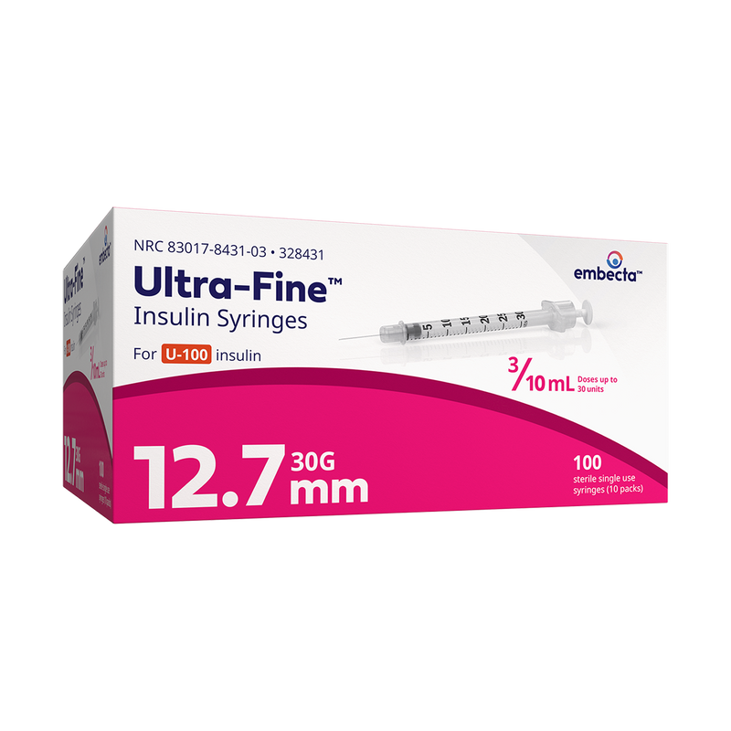 BD Embecta Insulin Syringes Ultra Fine Needle - 30G 3/10cc 1/2" - BX 100 (formerly BD)