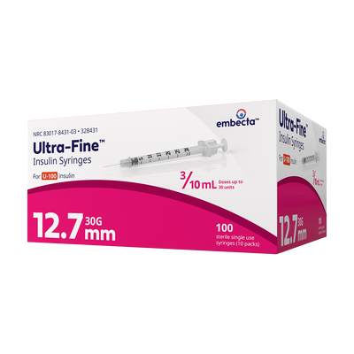 BD Embecta Insulin Syringes Ultra Fine Needle - 30G 3/10cc 1/2" - BX 100 (formerly BD)