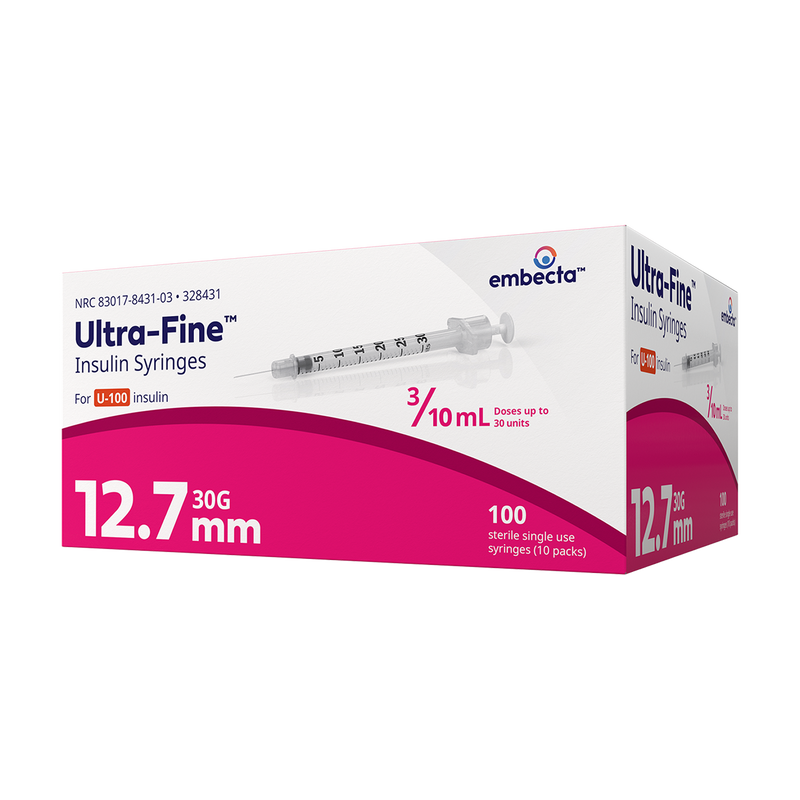 BD Embecta Insulin Syringes Ultra Fine Needle - 30G 3/10cc 1/2" - BX 100 (formerly BD)