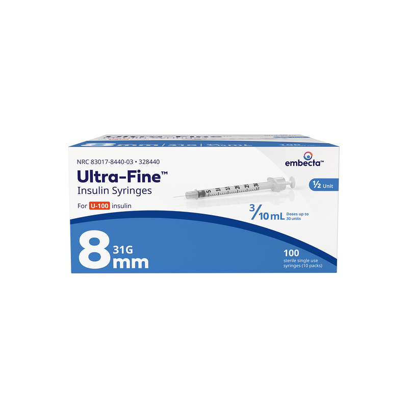 BD Embecta Ultra-Fine Short Needle Insulin Syringe, 3/10cc 31G x 8mm (5/16 ") - BX 100 (formerly BD)