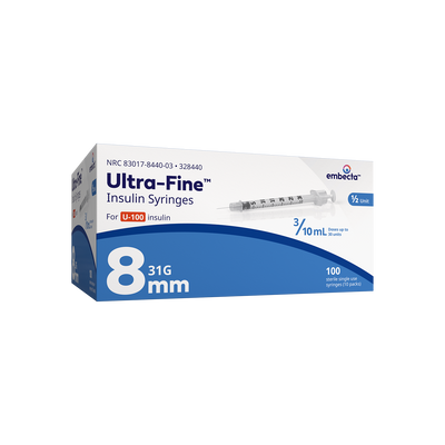 BD Embecta Ultra-Fine Short Needle Insulin Syringe, 3/10cc 31G x 8mm (5/16 ") - BX 100 (formerly BD)