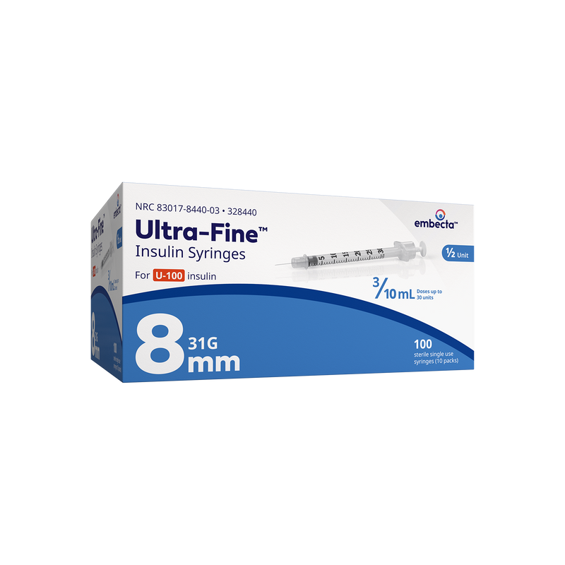 BD Embecta Ultra-Fine Short Needle Insulin Syringe, 3/10cc 31G x 8mm (5/16 ") - BX 100 (formerly BD)