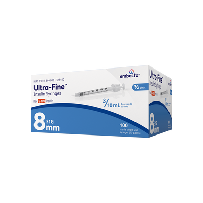 BD Embecta Ultra-Fine Short Needle Insulin Syringe, 3/10cc 31G x 8mm (5/16 ") - BX 100 (formerly BD)