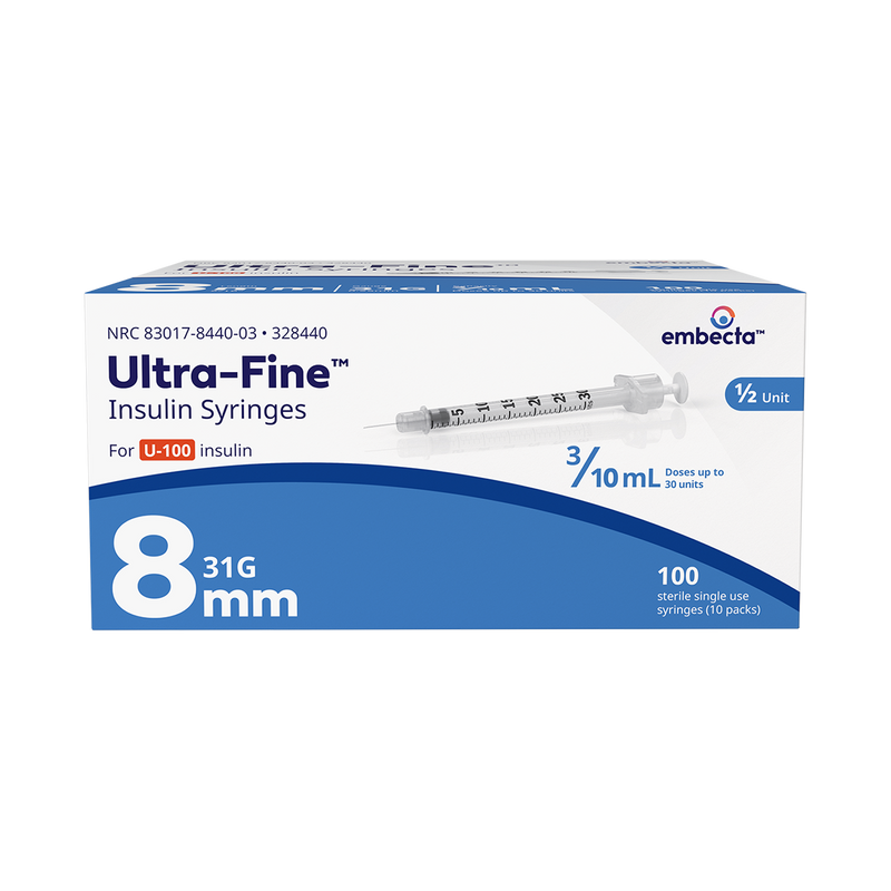 BD Embecta Ultra-Fine Short Needle Insulin Syringe, 3/10cc 31G x 8mm (5/16 ") - BX 100 (formerly BD)