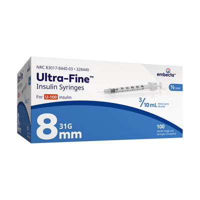 BD Embecta Ultra-Fine Short Needle Insulin Syringe, 3/10cc 31G x 8mm (5/16 ") - BX 100 (formerly BD)