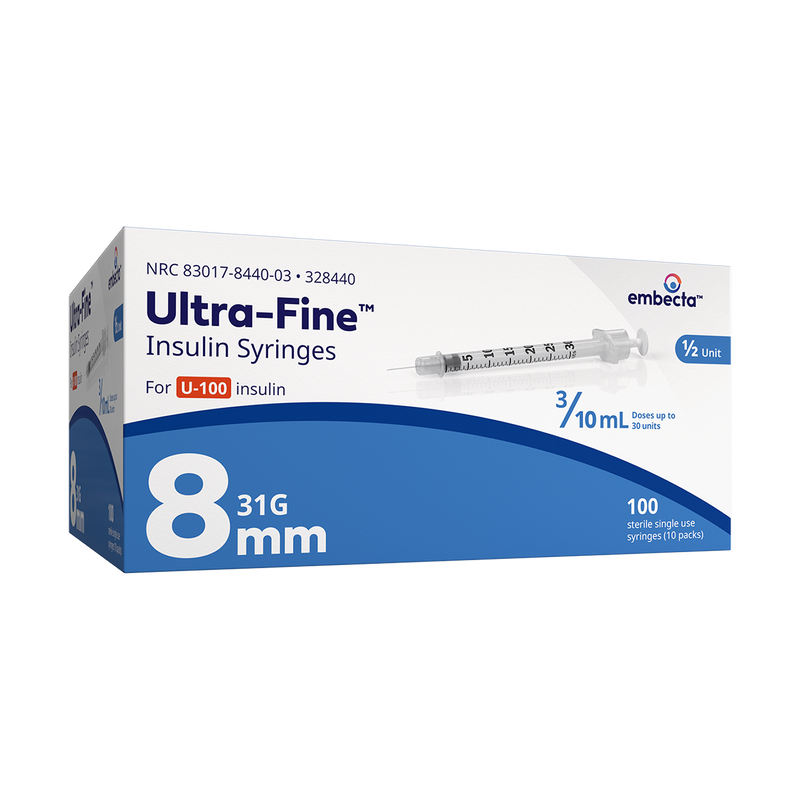 BD Embecta Ultra-Fine Short Needle Insulin Syringe, 3/10cc 31G x 8mm (5/16 ") - BX 100 (formerly BD)