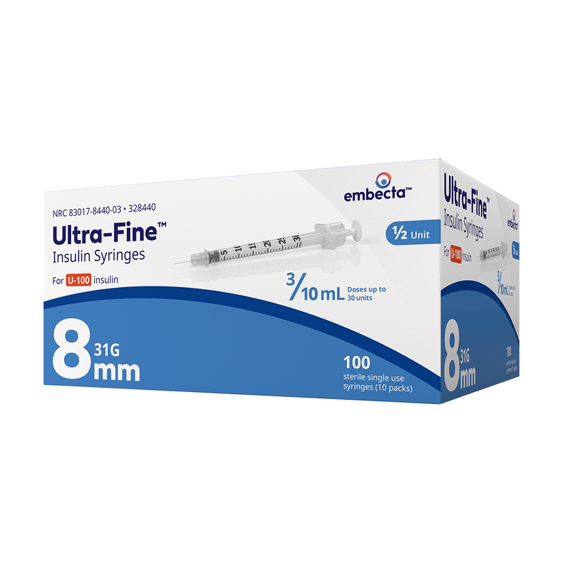 BD Embecta Ultra-Fine Short Needle Insulin Syringe, 3/10cc 31G x 8mm (5/16 ") - BX 100 (formerly BD)
