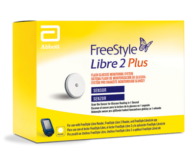 Abbott FreeStyle Libre 2 Plus packaging on a white background