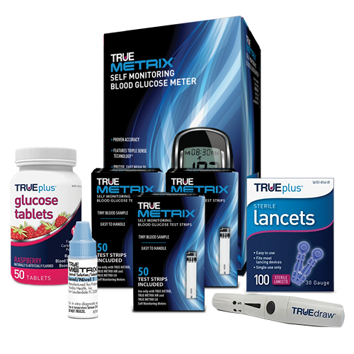 TRUE METRIX® Blood Glucose Testing Package (Meter Kit, 150 Strips, Lancets & Device, Raspberry Glucose Tabs)