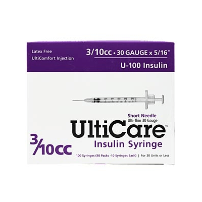 UltiCare Ulti-Thin II U-100 Insulin Syringes - Short Needle - 30 G 3/10 cc 5/16" - BX 100