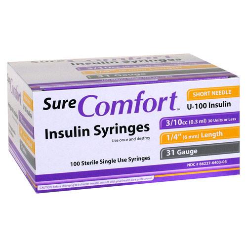 SureComfort U-100 Insulin Syringes - 31G 3/10cc 6mm (1/4") - 100 BX