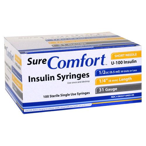 SureComfort U-100 Insulin Syringes - 31G 1/2cc 6mm (1/4") - 100 BX