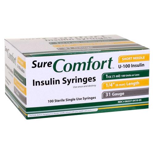 SureComfort U-100 Insulin Syringes - 31G 1cc 6mm (1/4") - 100 BX