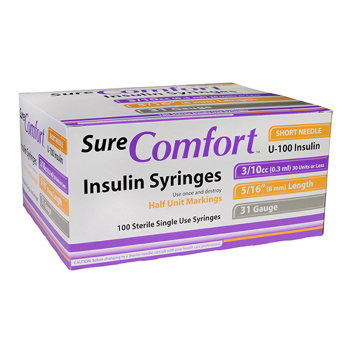 SureComfort U-100 Insulin Syringes - 1/2 Unit - 31 G 3/10 cc 5/16" - BX 100