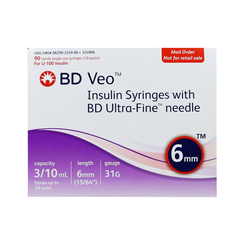 BD Veo Insulin Syringes Ultra-Fine Needle - 31G 3/10cc 15/64" - BX 90