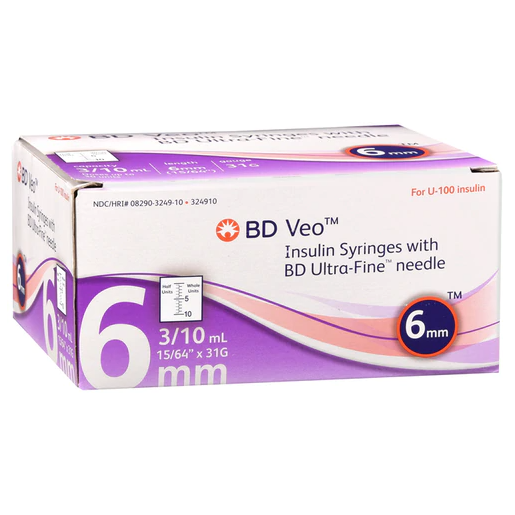 BD Veo Insulin Syringes Ultra-Fine 6mm Needle with Half-Unit Scale - 31G 3/10cc 15/64" - BX 100