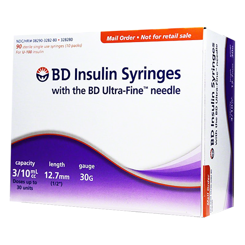 BD Insulin Syringes Ultra Fine Needle - 30G 3/10cc 1/2" - BX 90