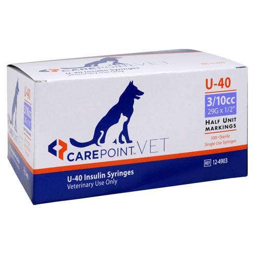 CarePoint Vet U-40 Pet Insulin Syringes - 29G x 3/10cc x 1/2" - Half Unit Markings - 100/bx